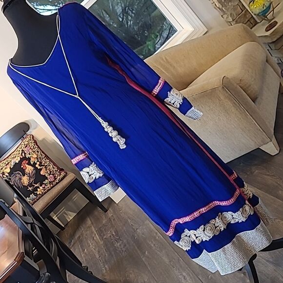 Homemade Indian Blue and Pink Dress with Silver Tassels - Picture 3 of 11